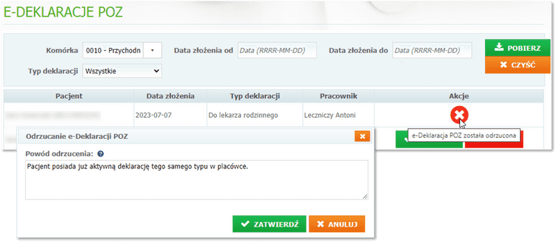 Odrzucanie e-Deklaracji POZ z wprowadzonym powodem