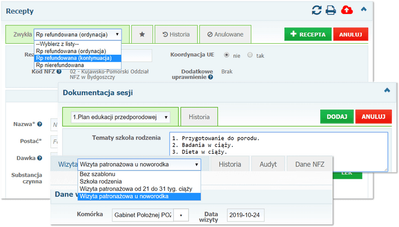 Sekcje: Recepty, Dokumentacja sesji oraz szablony wizyt