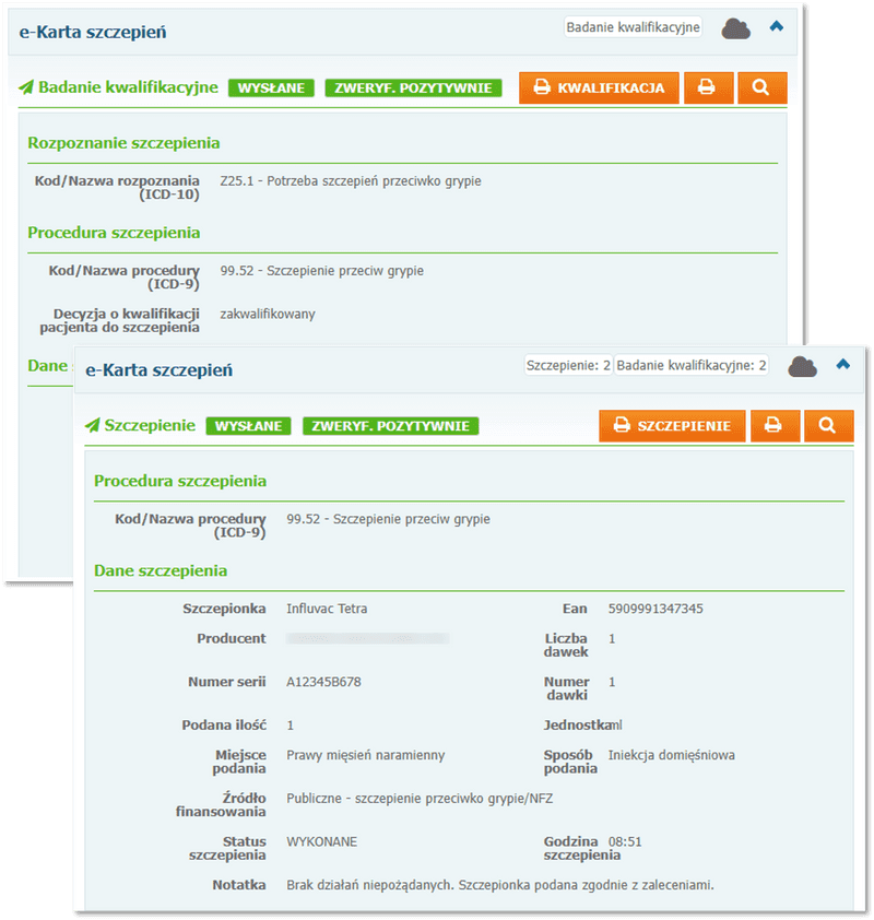 Lista pacjentów objętych szczepieniami oraz wydruki zaświadczeń o kwalifikacji i szczepieniu