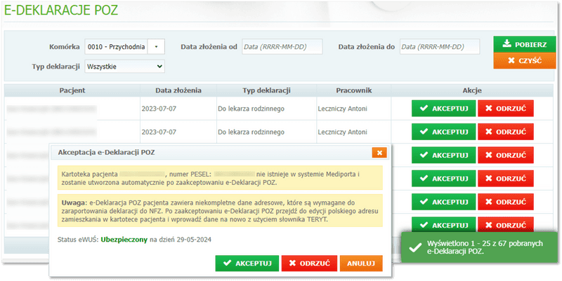 Lista e-Deklaracji POZ pobranych z Systemu P1 i okno akceptacji