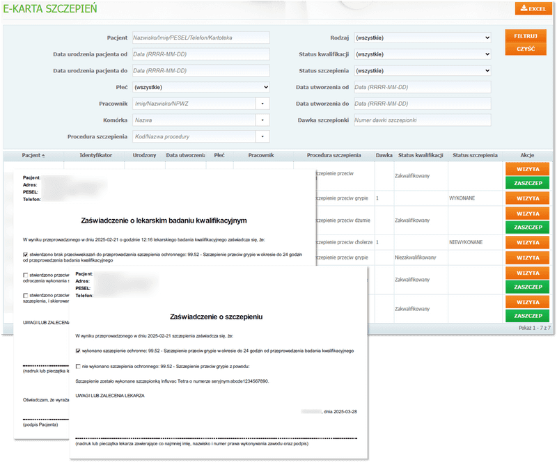 Lista pacjentów objętych szczepieniami oraz wydruki zaświadczeń o kwalifikacji i szczepieniu 